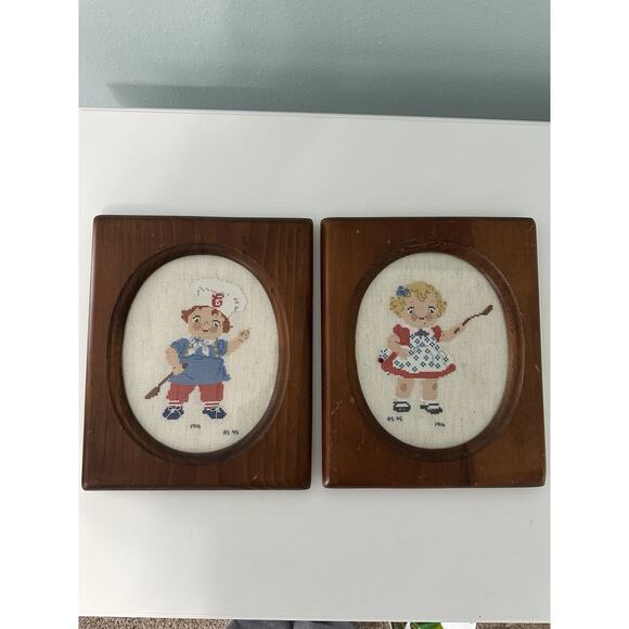 Pair Vtg Framed Cross Stitch Cottage Boy Girl Chef Kitchen Campbell Soup Kids - Picture 1 of 7